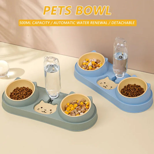 3-in-1 feeding station with angled food bowls and removable water bottles for Cats