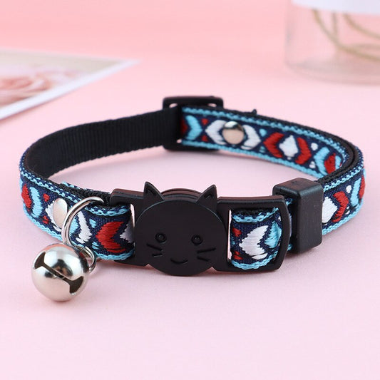 Indie Simple Style Pattern Embroidered Cat Collar with Hanging Bell 2 Colours