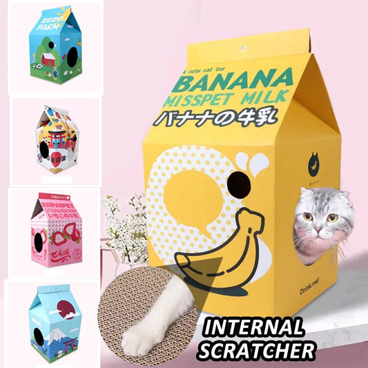 Cute Milk carton scratching board cardboard house hideout for cats best pet gifts presents idea